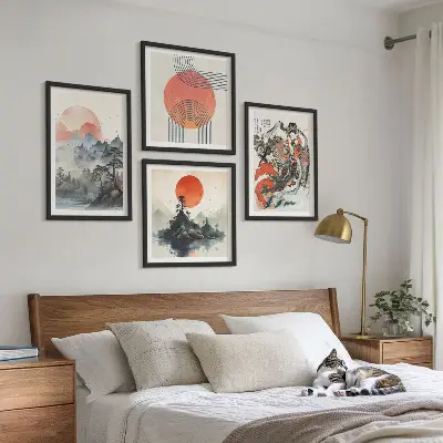 Set van posters met lijst met Aziatische landschappen in Japandi-stijl