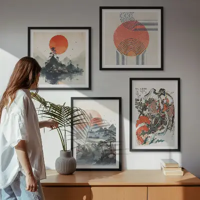 Set van posters met lijst met Aziatische landschappen in Japandi-stijl