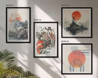 Set van posters met lijst met Aziatische landschappen in Japandi-stijl