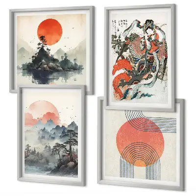 Set van posters met lijst met Aziatische landschappen in Japandi-stijl