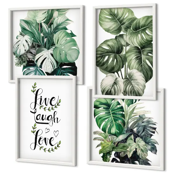 Set van posters met lijst met bladrijke planten en de tekst leven, lachen, houden van