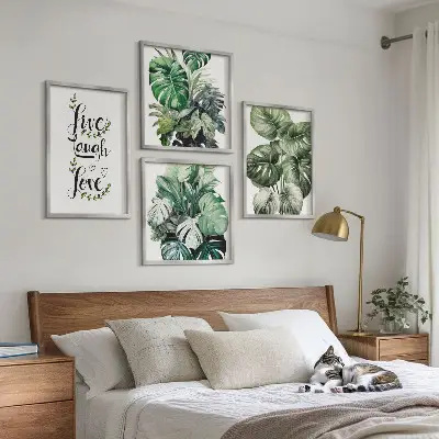 Set van posters met lijst met bladrijke planten en de tekst leven, lachen, houden van