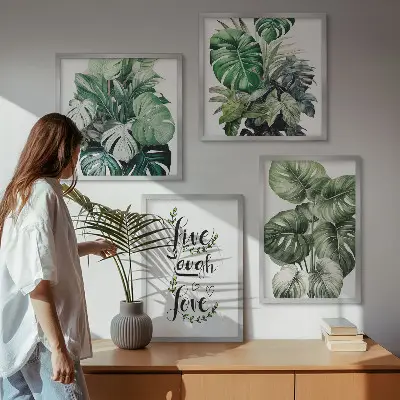 Set van posters met lijst met bladrijke planten en de tekst leven, lachen, houden van
