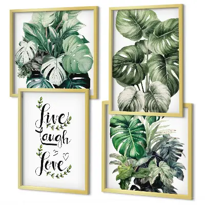 Set van posters met lijst met bladrijke planten en de tekst leven, lachen, houden van