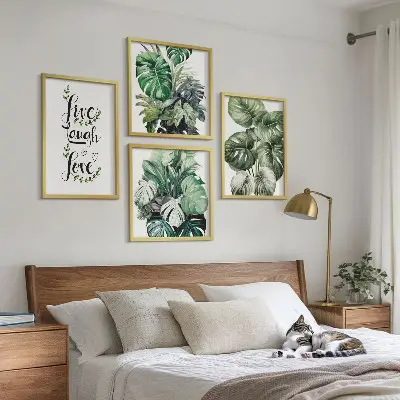 Set van posters met lijst met bladrijke planten en de tekst leven, lachen, houden van