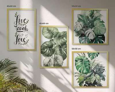 Set van posters met lijst met bladrijke planten en de tekst leven, lachen, houden van
