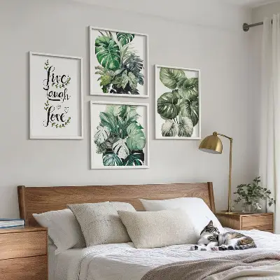 Set van posters met lijst met bladrijke planten en de tekst leven, lachen, houden van