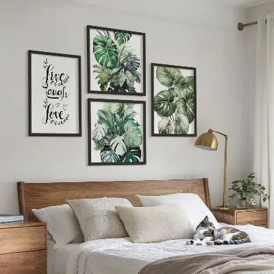 Set van posters met lijst met bladrijke planten en de tekst leven, lachen, houden van