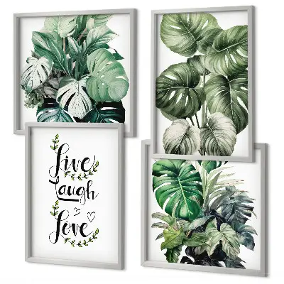 Set van posters met lijst met bladrijke planten en de tekst leven, lachen, houden van