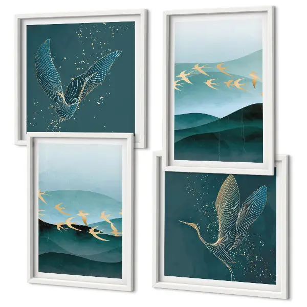 Abstracte landschappen van vogelgolven meerluik in lijst
