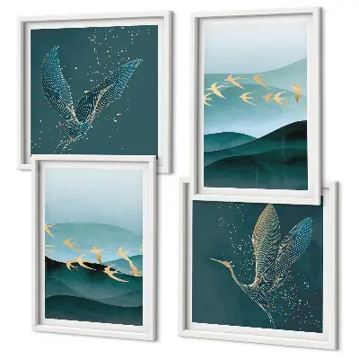 Abstracte landschappen van vogelgolven meerluik in lijst
