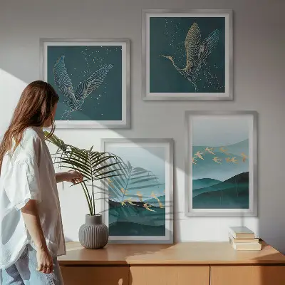 Abstracte landschappen van vogelgolven meerluik in lijst