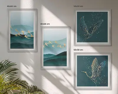 Abstracte landschappen van vogelgolven meerluik in lijst