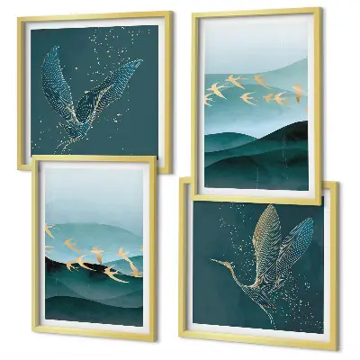 Abstracte landschappen van vogelgolven meerluik in lijst