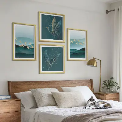 Abstracte landschappen van vogelgolven meerluik in lijst