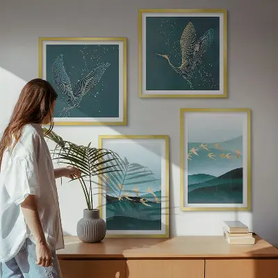 Abstracte landschappen van vogelgolven meerluik in lijst