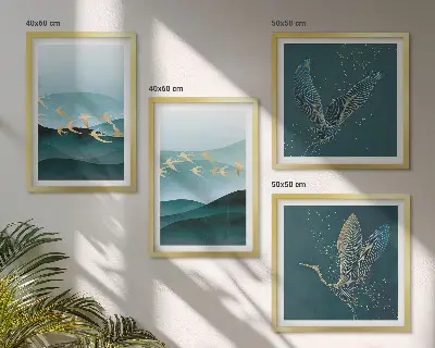 Abstracte landschappen van vogelgolven meerluik in lijst
