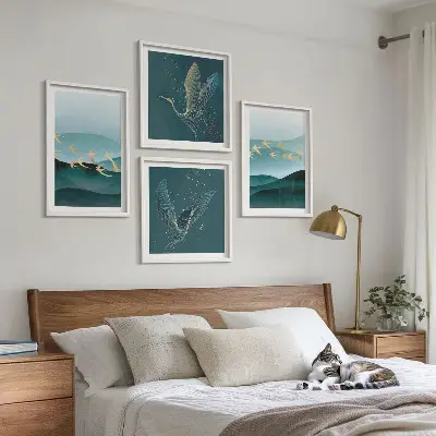 Abstracte landschappen van vogelgolven meerluik in lijst