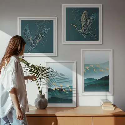 Abstracte landschappen van vogelgolven meerluik in lijst