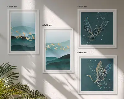 Abstracte landschappen van vogelgolven meerluik in lijst