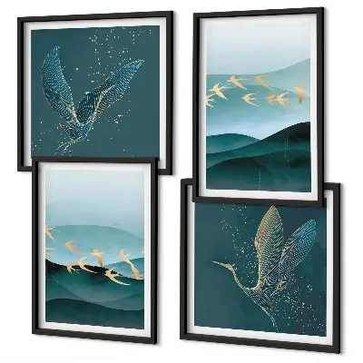 Abstracte landschappen van vogelgolven meerluik in lijst