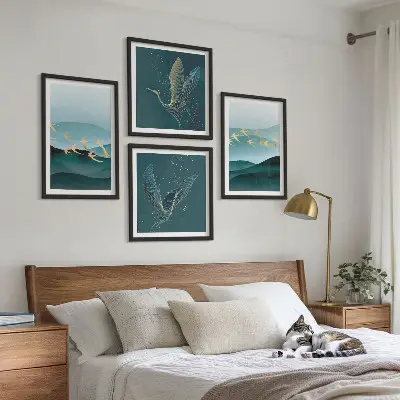 Abstracte landschappen van vogelgolven meerluik in lijst