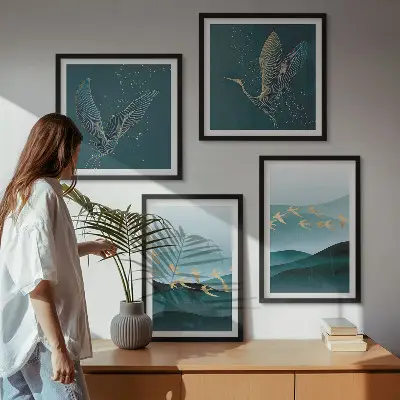 Abstracte landschappen van vogelgolven meerluik in lijst