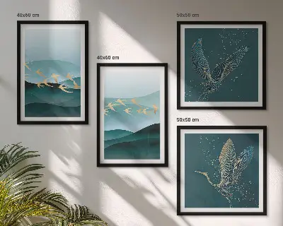 Abstracte landschappen van vogelgolven meerluik in lijst