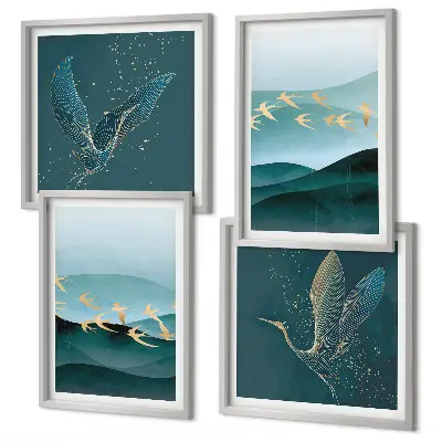 Abstracte landschappen van vogelgolven meerluik in lijst
