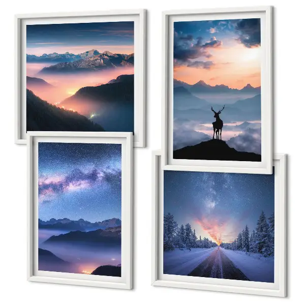 Set van posters met lijst nachtelijke hemel met bergen, mist en herten