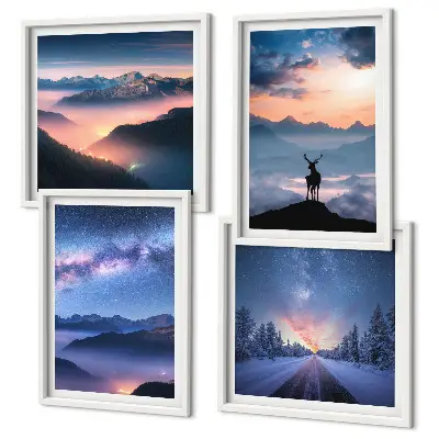 Set van posters met lijst Nachtelijke hemel, bergen, mist, herten