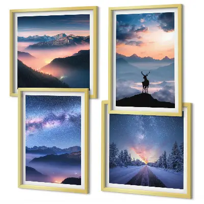 Set van posters met lijst nachtelijke hemel met bergen, mist en herten