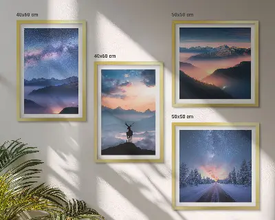 Set van posters met lijst nachtelijke hemel met bergen, mist en herten
