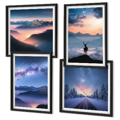 Set van posters met lijst nachtelijke hemel met bergen, mist en herten