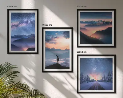 Set van posters met lijst nachtelijke hemel met bergen, mist en herten