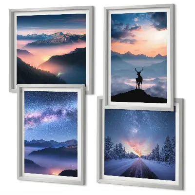 Set van posters met lijst nachtelijke hemel met bergen, mist en herten