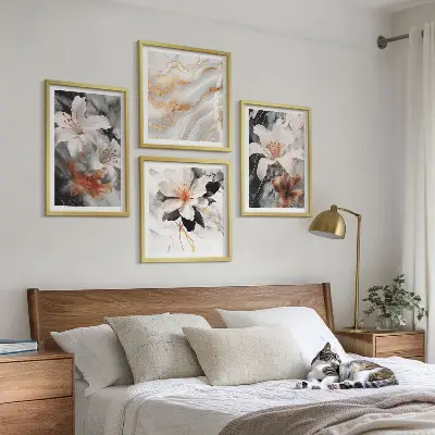 Bloemen marmer wit zwart meerluik in lijst