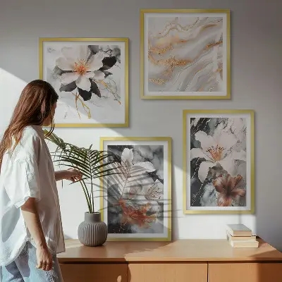 Bloemen marmer wit zwart meerluik in lijst