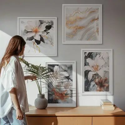 Bloemen marmer wit zwart meerluik in lijst
