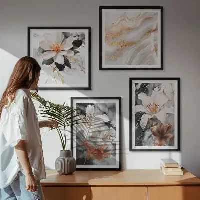 Bloemen marmer wit zwart meerluik in lijst