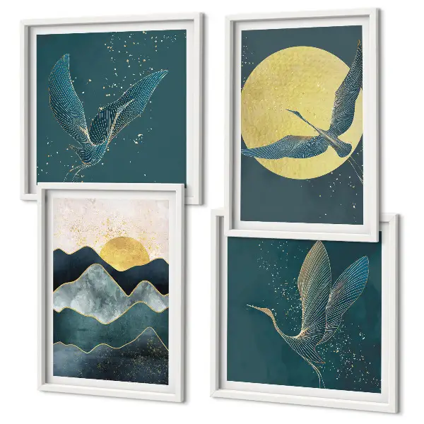 Set posters met lijst met afbeelding van kraanvogels bij de maan en bergen