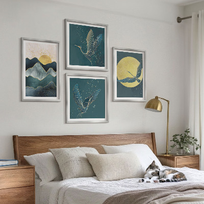 Set van posters met lijst Vogels kraanvogels maan bergen