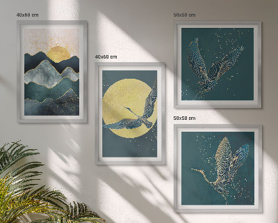 Set van posters met lijst Vogels kraanvogels maan bergen