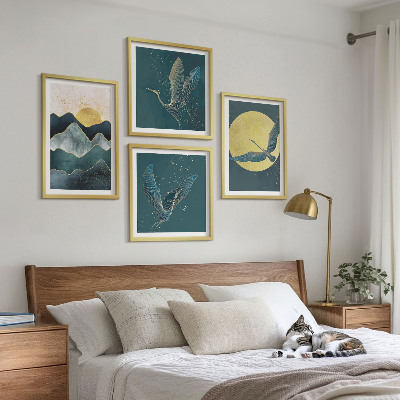 Set van posters met lijst Vogels kraanvogels maan bergen