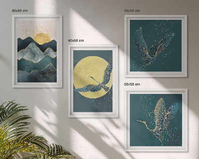 Set van posters met lijst Vogels kraanvogels maan bergen