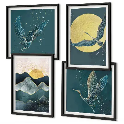 Set posters met lijst met afbeelding van kraanvogels bij de maan en bergen