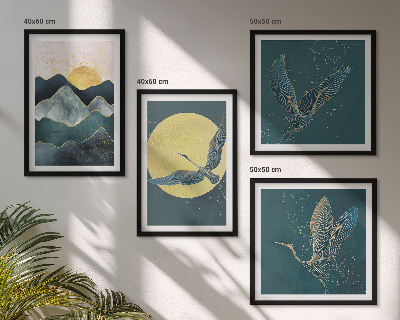 Set van posters met lijst Vogels kraanvogels maan bergen