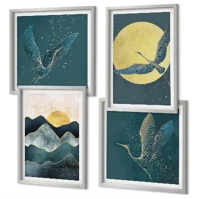 Set posters met lijst met afbeelding van kraanvogels bij de maan en bergen