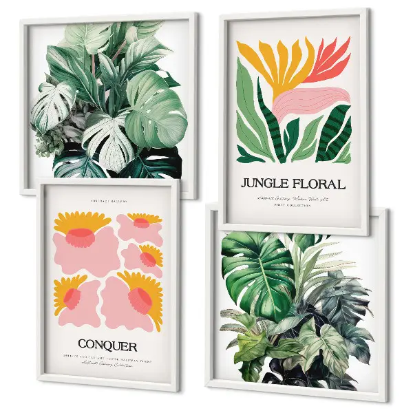 Moderne posters Bloemen en bladeren meerluik in lijst