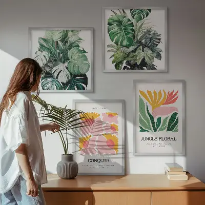 Moderne posters Bloemen en bladeren meerluik in lijst